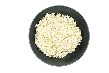 Rice on plate isolated on white background top view