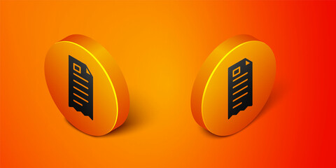 Isometric Paper check and financial check icon isolated on orange background. Paper print check, shop receipt or bill. Orange circle button. Vector