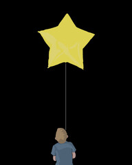 Drawing of a boy in blue t-shirt holding yellow helium balloon on a cord in a shape of star - kid looking up on a star - black background