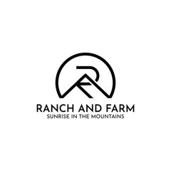 Minimalist RF or FR letter logo vector combined with mountains and sunrise.