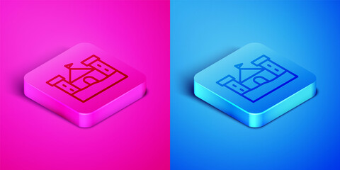 Isometric line Sand castle icon isolated on pink and blue background. Square button. Vector