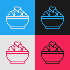 Pop art line Cottage cheese icon isolated on color background. Essential vitamins and minerals in healthy food. Medical, healthcare and dietary concept. Vector