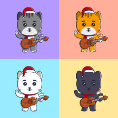 Cute cats wearing christmas hat and scarf playing guitar