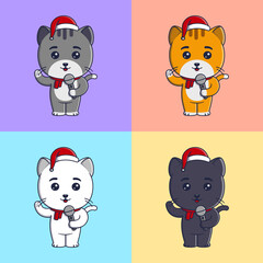 Cute cats wearing christmas hat and scarf singing