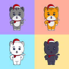 Cute cats wearing christmas hat and scarf