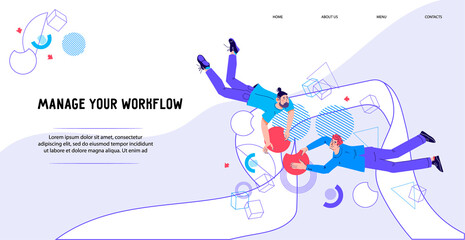 Business cooperation and interaction concept of webpage with people flying and interacting with graphs and diagrams. Business management and workflow process, flat cartoon vector illustration.