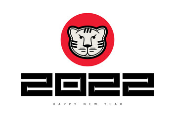 Calendar Cover or greeting card with head of Tiger on red circle and inscription Happy New Year 2022. Vector.