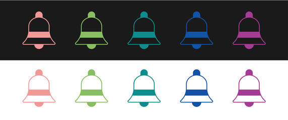 Set Ringing bell icon isolated on black and white background. Alarm symbol, service bell, handbell sign, notification symbol. Vector