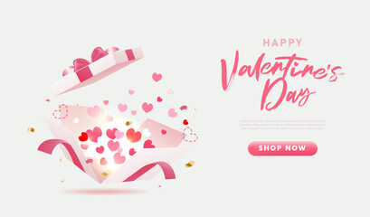 Surprise white gift box with pink ribbon and Hearts. Open gift box isolated. Party, Shopping poster. Valentine's Day design