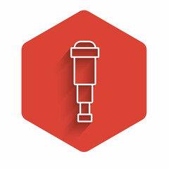 White line Spyglass telescope lens icon isolated with long shadow background. Sailor spyglass. Red hexagon button. Vector