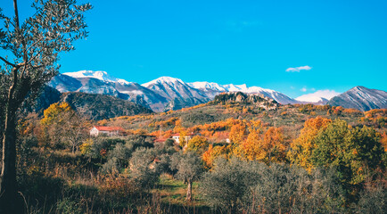 autumn landscape with mountains, Castel San Vincenzo, Molise, Italy