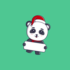 Cute panda wearing christmas hat and scarf holding umbrella