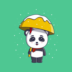 Cute panda wearing christmas hat and scarf holding umbrella