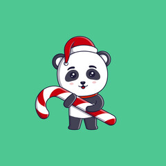 Cute panda wearing christmas hat and scarf hugging candy