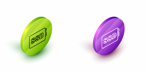 Isometric line SSD card icon isolated on white background. Solid state drive sign. Storage disk symbol. Green and purple circle buttons. Vector