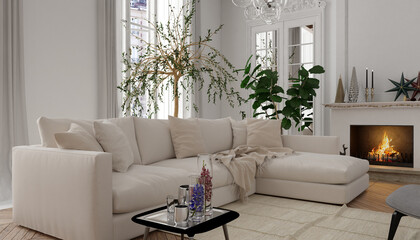 White living room interior in classic style with fireplace. 3D Render	