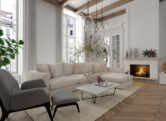 White living room interior in classic style with fireplace. 3D Render	