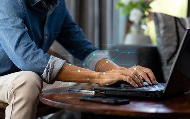 Person working on laptop and digital network internet icon, Connection and communication concept