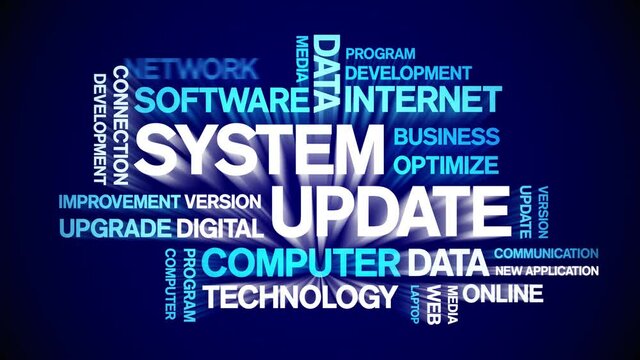 System Update animated tag word cloud;text design animation kinetic typography seamless loop.