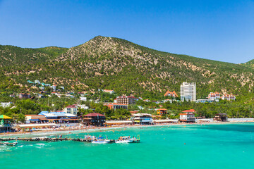 Summer Crimean beach. Landscape of Black Sea coast - obrazy, fototapety, plakaty