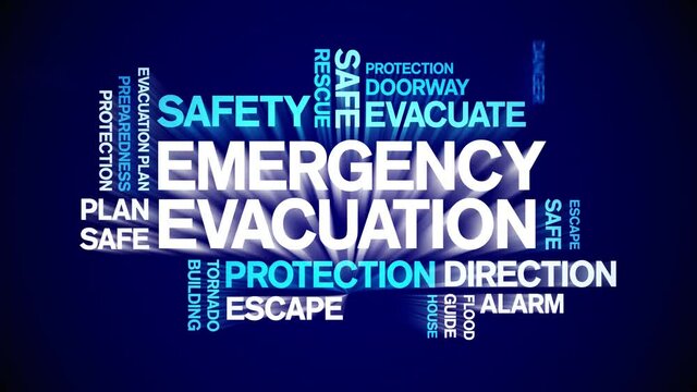 Emergency Evacuation animated tag word cloud;text design animation kinetic typography seamless loop.
