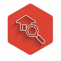 White line Search house icon isolated with long shadow background. Real estate symbol of a house under magnifying glass. Red hexagon button. Vector