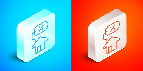 Isometric line House with percant discount tag icon isolated on blue and red background. Real estate home. Credit percentage symbol. Silver square button. Vector