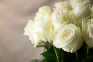 Close-up bouquet of white roses in daylight.