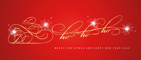 Ho ho ho Merry Christmas and Happy New Year 2022 beautiful golden abstract Santa Claus and Santas Sleigh deer ride calligraphy white sparkle fireworks red background greeting card
