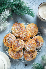 Christmas cookies on white table, selective focus, top view