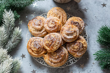 Christmas cookies on white table, selective focus, top view