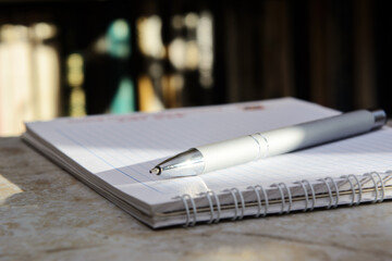The ballpoint pen is located on the notebook. Background - books on the shelves. Solar lighting. Blurred colored background.