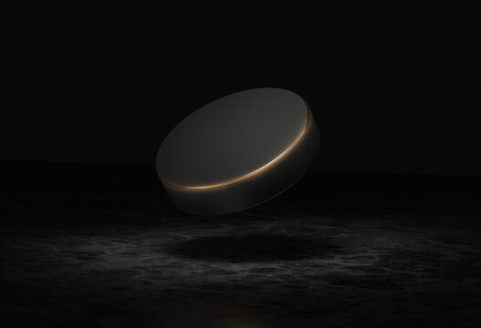 Illustration of ice hockey. A black and gold puck in flight. The concept of sports. 3D Render