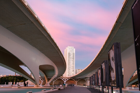 VALENCIA , SPAIN - DECEMBER 6,  2021: The city of the Arts and Sciences, Ciudad de las Artes y las Ciencias at sunset in Valencia, Spain.