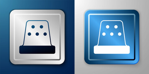 White Thimble for sewing icon isolated on blue and grey background. Silver and blue square button. Vector