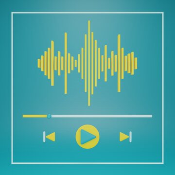 3D minimal music player in blue and yellow colors with audio visualizer. 3D rendering of abstract music player. 3D illustrator.