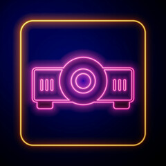 Glowing neon Presentation, movie, film, media projector icon isolated on black background. Vector