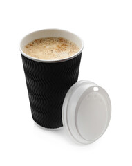 Aromatic coffee in takeaway paper cup and lid on white background