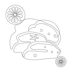 Stollen Christmas dessert. Sliced cupcake. Traditional Christmas festive pastry dessert. Continuous line drawing illustration.