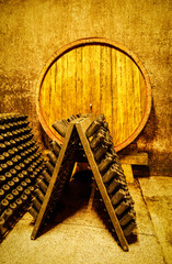 Old sparkling wine cellar for traditional method, Constant temperature arched cellar with French barrique oak barrels to age wine at Klet Brda. - obrazy, fototapety, plakaty