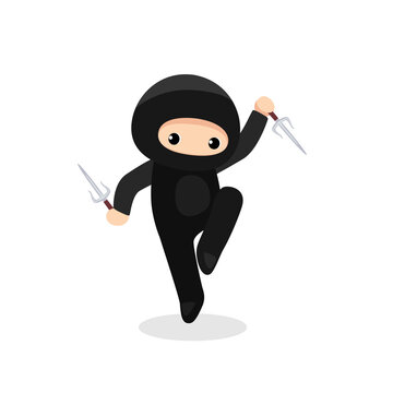 Cute ninja with pair of sai weapon isolated on white background