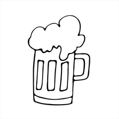A glass of beer isolated on a white background. Doodle style. Beer with foam. Vector image.