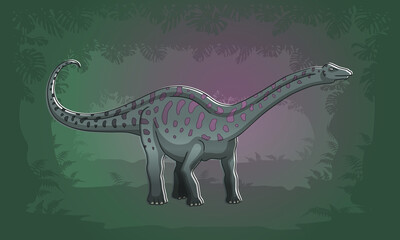 Apatosaurus Illustration with jungle foliage background, editable stroke, colors and shadows