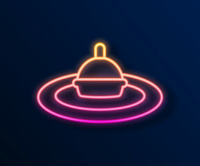 Glowing neon line Fishing float in water icon isolated on black background. Fishing tackle. Vector