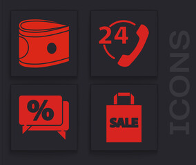 Set Shoping bag with Sale, Stacks paper money cash, Telephone 24 hours support and Discount percent tag icon. Vector