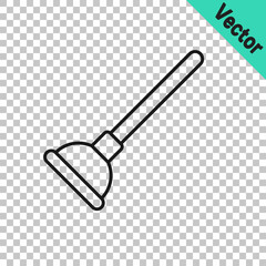 Black line Rubber plunger with wooden handle for pipe cleaning icon isolated on transparent background. Toilet plunger. Vector