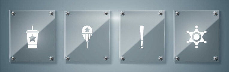 Set Hexagram sheriff, Baseball bat, Balloons and Paper glass with straw. Square glass panels. Vector