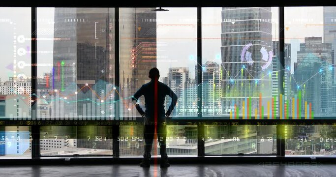 4k businessman back raising victory arm;Overlooking the urban from window.financial chart;Business tech digital Data trend hud Graph;Changing Economic node line;Digital Tableau of Stock Market Values.