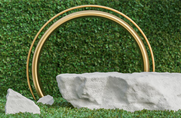 White stone podium for product presentation and golden arch on green leaves wall background natural style.,3d model and illustration.
