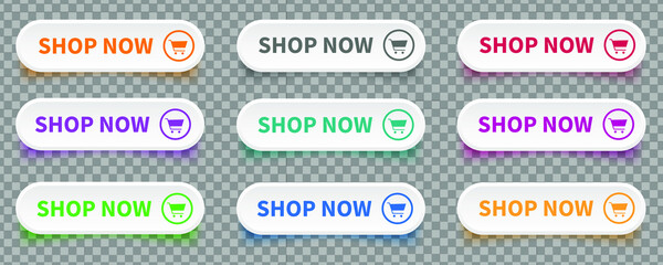 Shop now. Set of button shop now or buy now on transparent background. Modern collection for web site. Vector illustration. - obrazy, fototapety, plakaty